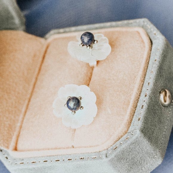 Sterling Silver Natural Lapis lazuli Flower Earrings Studs Nature Jewelry - Picture 5 of 8